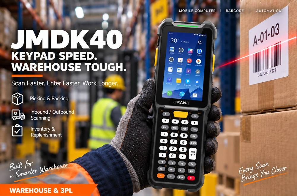 JMDK40 keypad mobile computer scanning in a warehouse — picking and packing, inbound and outbound scanning, inventory and replenishment