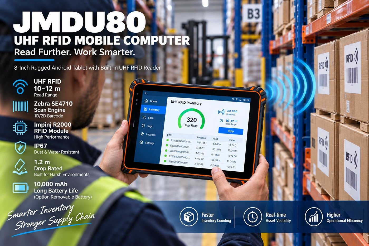 JMDU80 8-inch UHF RFID tablet used for bulk inventory counting on a warehouse aisle