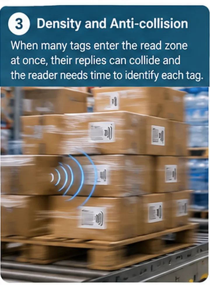 Diagram of many RFID tags responding simultaneously in one read zone causing anti-collision queuing
