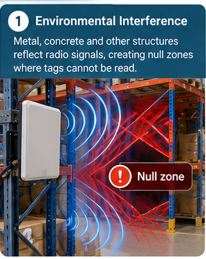 Diagram of RF reflection from metal racking producing a null zone where a valid tag can no longer be read