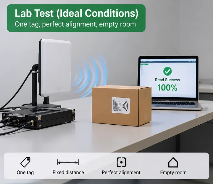 Bench test in ideal conditions: a single tag at a fixed distance with perfect alignment in an empty room, reader reporting one hundred percent read success
