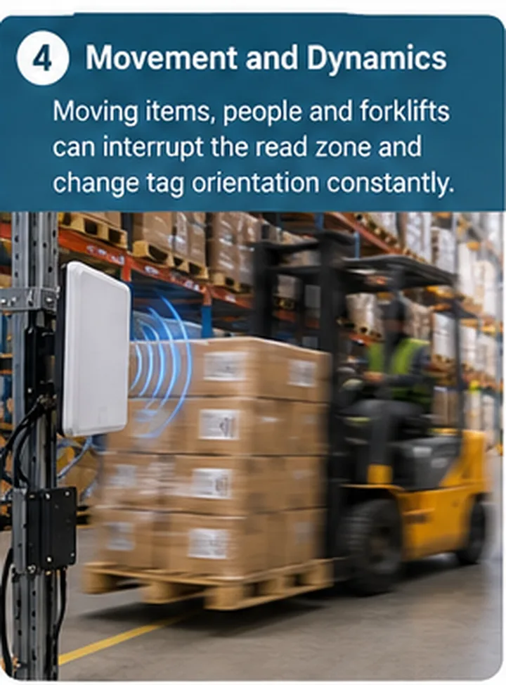RFID read zone changing as goods, forklifts and people move through it during a working shift