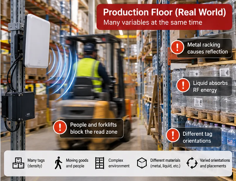 Production floor RFID deployment: metal racking, forklift and operator moving through the read zone, liquid on pallets and tags at many different orientations