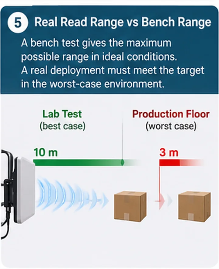 Chart comparing bench read range against actual production read range across different tag and material combinations