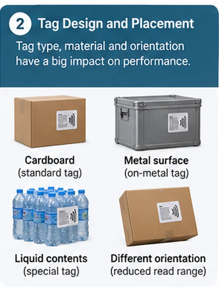 RFID tag mounted on a metal surface showing correct inlay and orientation for on-metal tagging