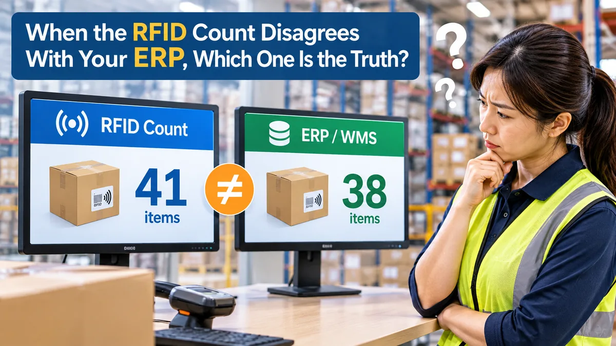 Warehouse operator comparing an RFID count of 41 items against an ERP record of 38 items and deciding which is authoritative