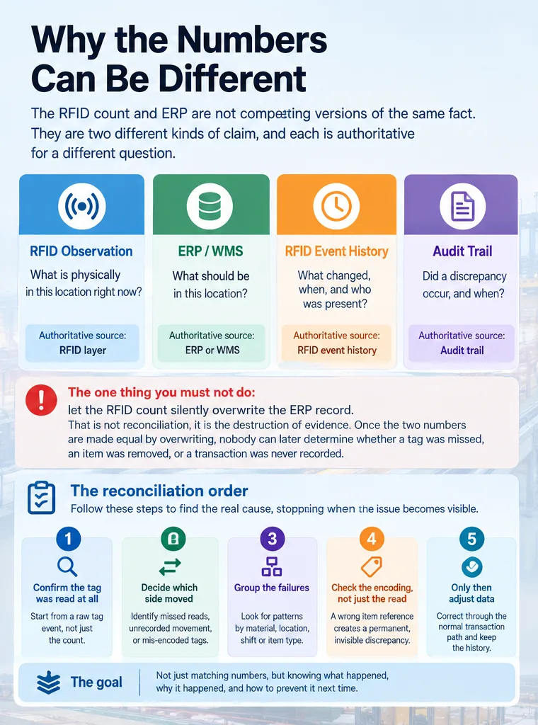 Two records side by side showing an RFID physical count and an ERP stock record disagreeing for the same location